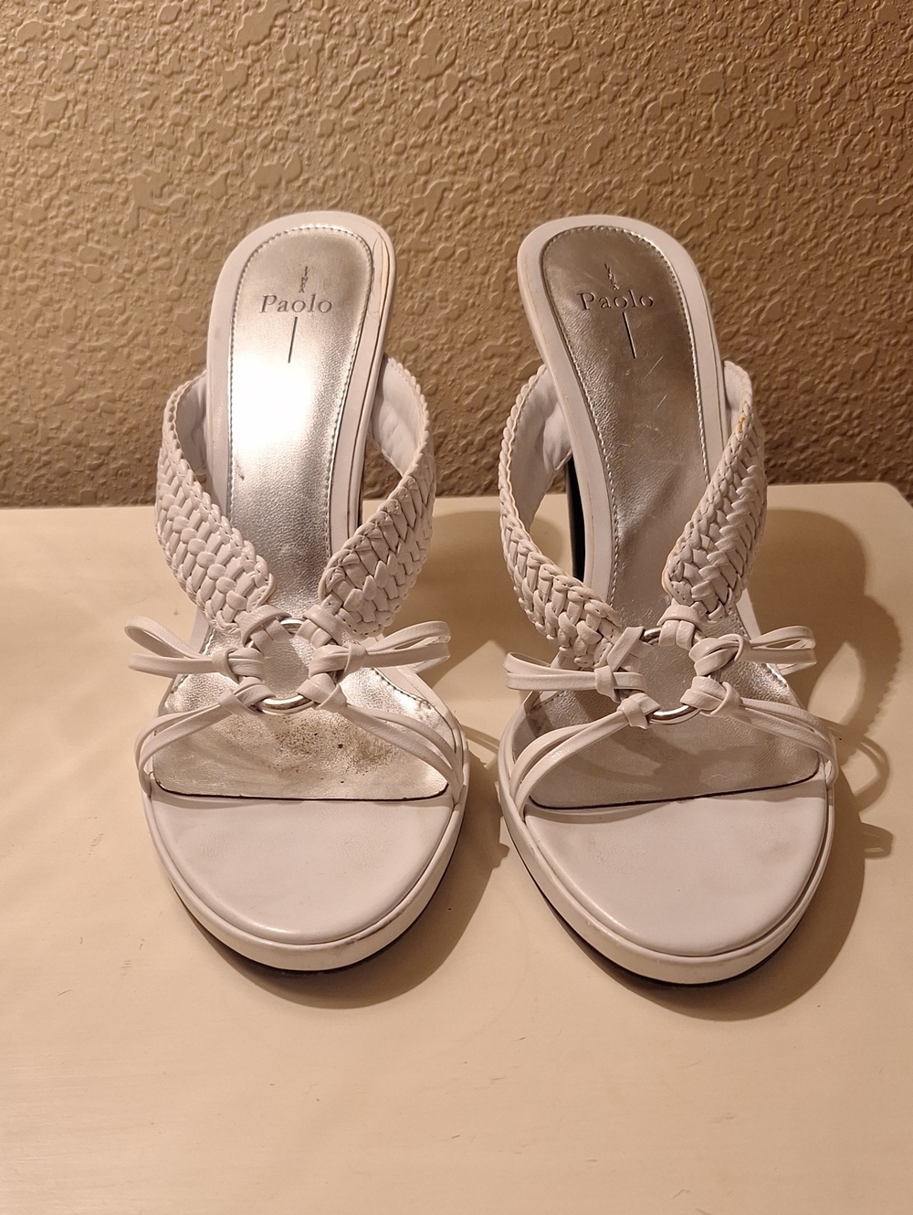 Paolo White Braided Knot Slide Heels
